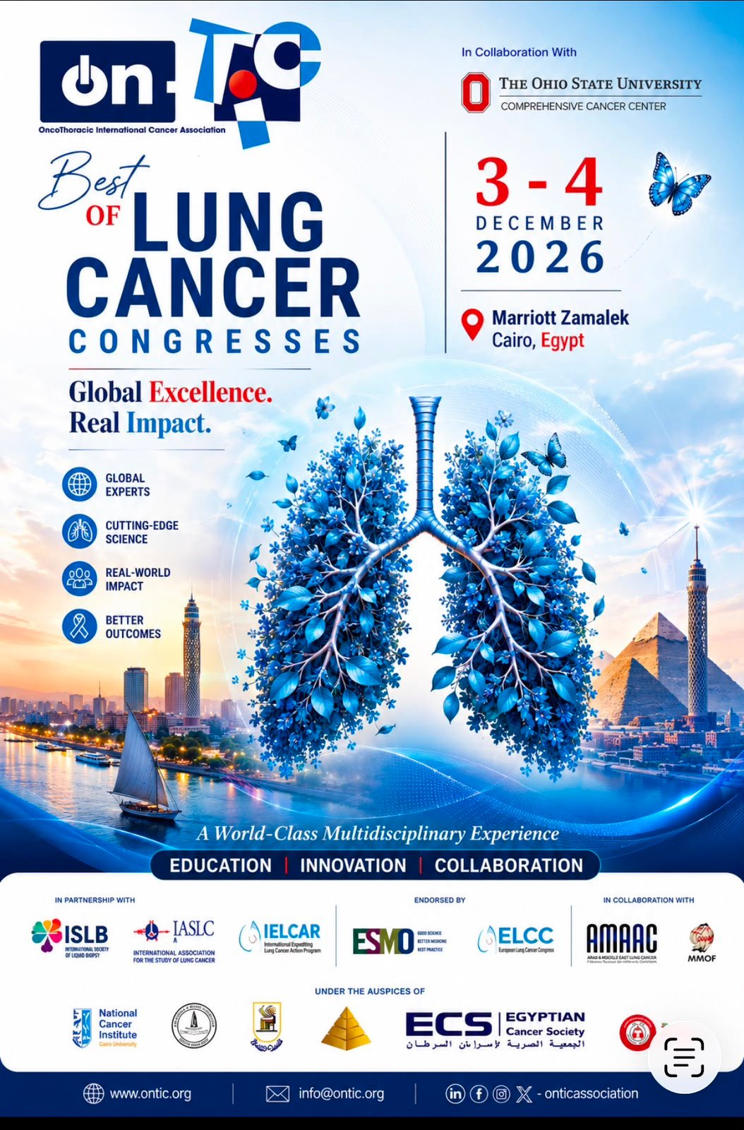 Best of Lung Cancer Congresses 2026 — official flyer, 3-4 December 2026, Marriott Zamalek, Cairo, in collaboration with The Ohio State University Comprehensive Cancer Center