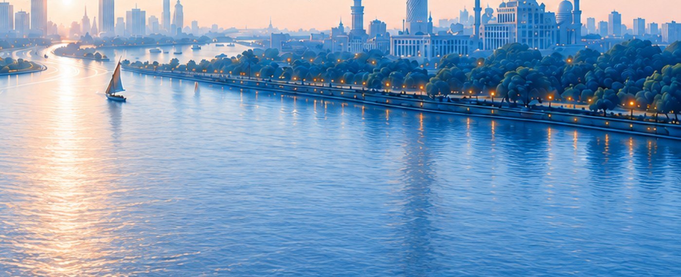 The Nile at Zamalek, Cairo — the Cairo Tower and city skyline at sunset, where the congress venue sits